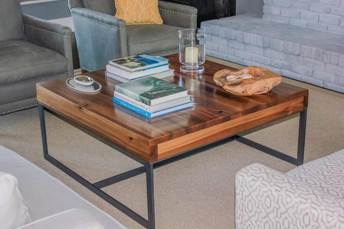 A wood and steel coffee table built by FFT Cabinetry